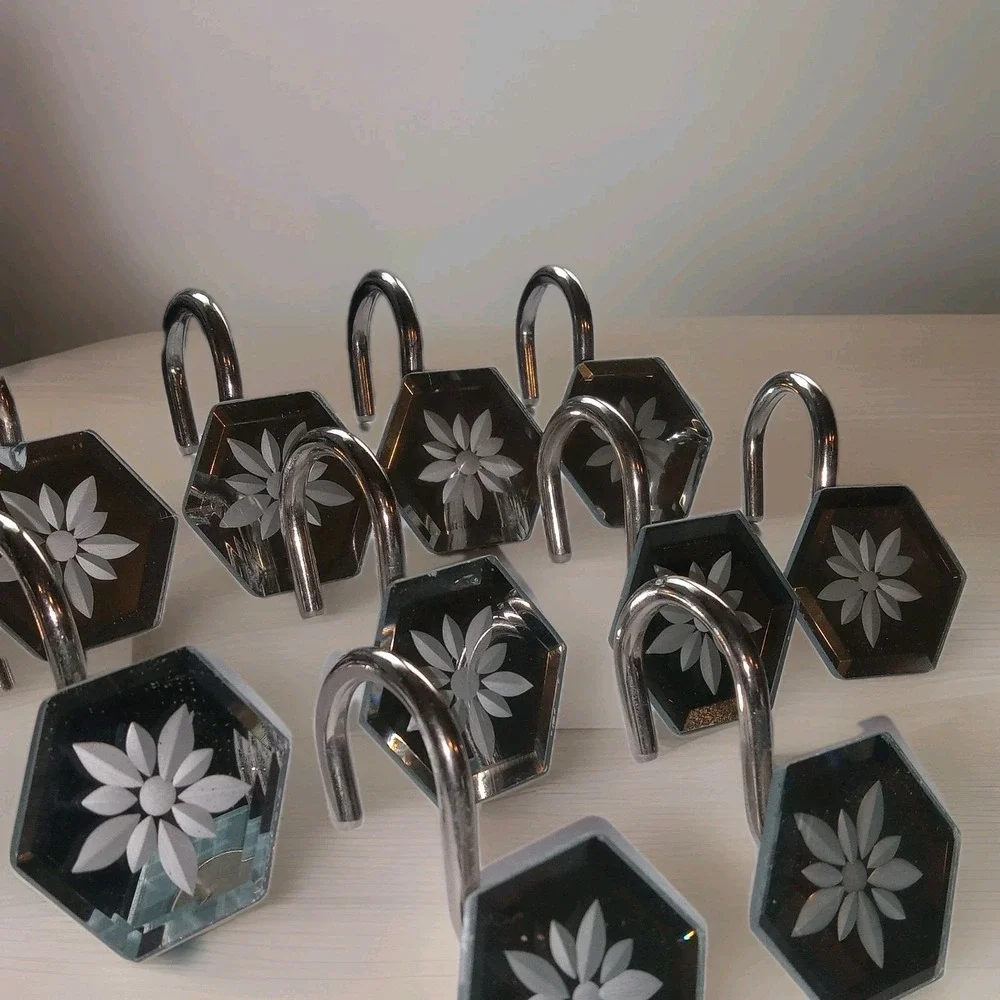 Lot of 12 Hexagon Metal Mirrored Glass White Flower Shower Curtain Hooks Rings